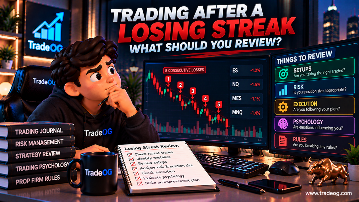 3D illustration showing a futures trader reviewing a losing streak, risk, execution and trading psychology