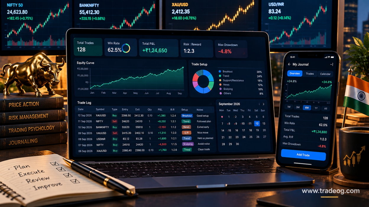 Trading journal app dashboard for Indian traders showing NIFTY, Bank Nifty, XAU/USD, USD/INR and trade analytics