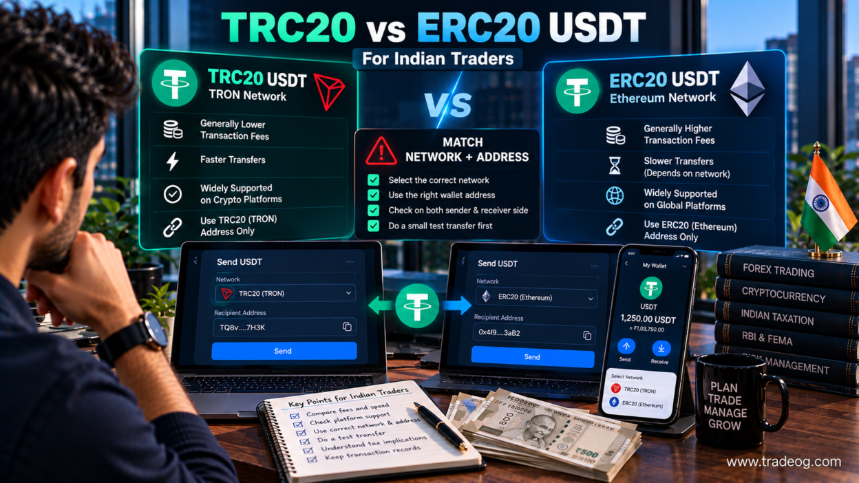 TRC20 vs ERC20 USDT comparison for Indian traders showing Tron and Ethereum networks, fees and address matching
