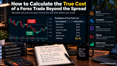 Forex trading cost infographic showing spread, commission, swap, slippage and market impact in a trade cost breakdown