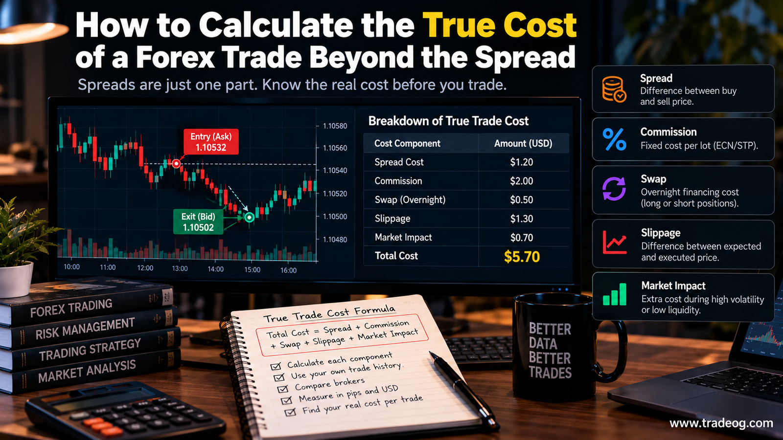 Forex trading cost infographic showing spread, commission, swap, slippage and market impact in a trade cost breakdown