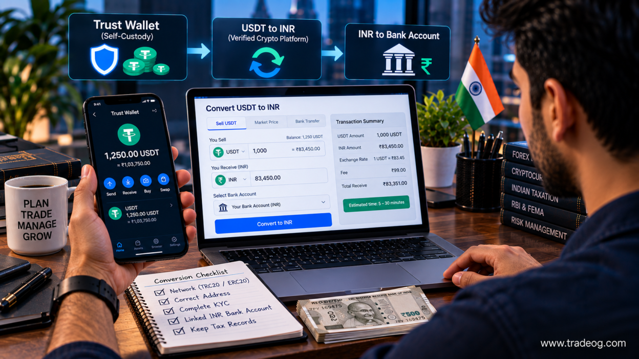 Indian trader converting USDT from Trust Wallet to INR and transferring rupees to an Indian bank account