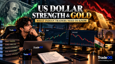 Premium cinematic illustration showing US dollar strength and its impact on gold prices for Indian traders