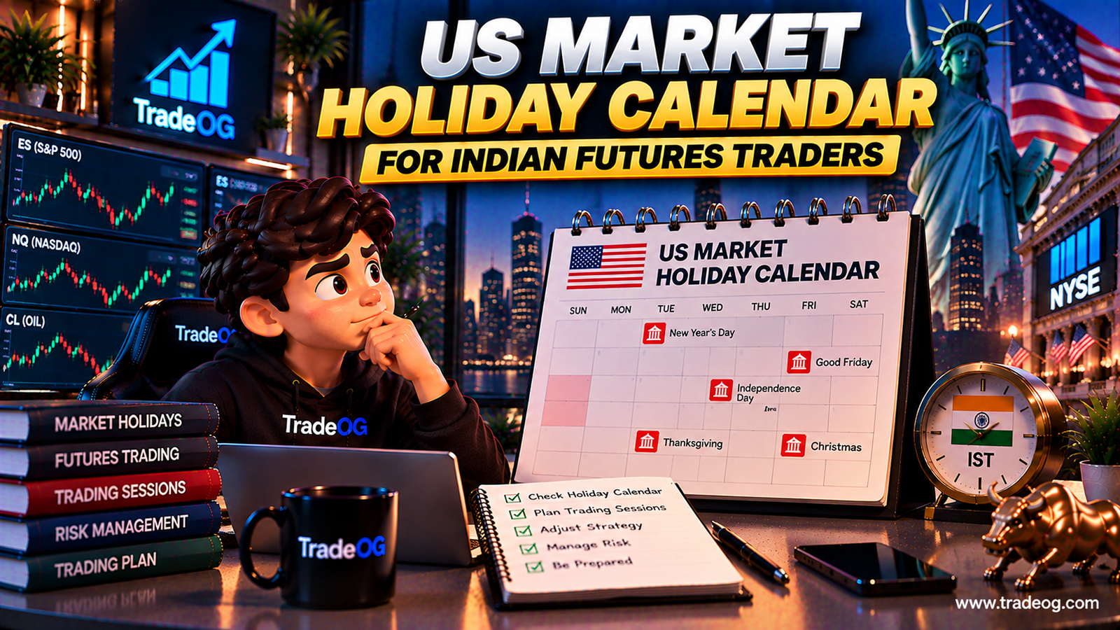 3D illustration showing the US market holiday calendar for Indian futures traders