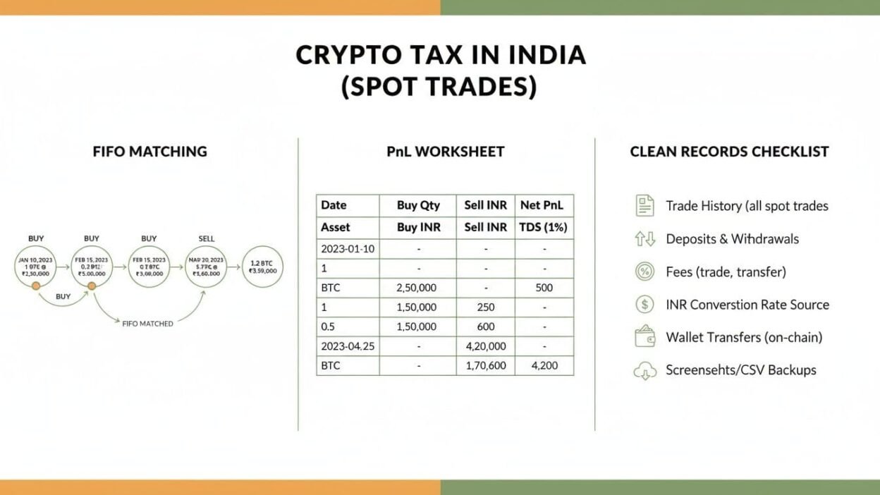 Crypto tax record spreadsheet showing USDT transactions and Indian tax reporting fields