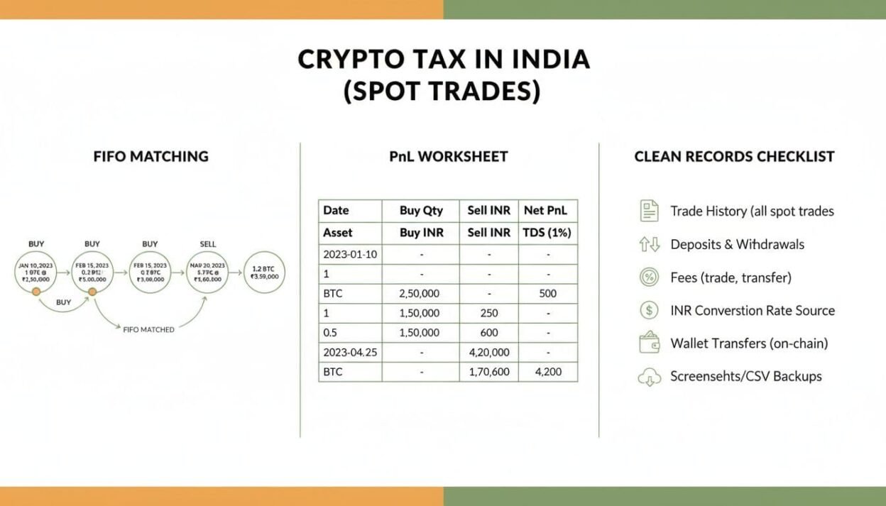 Crypto tax record spreadsheet showing USDT transactions and Indian tax reporting fields