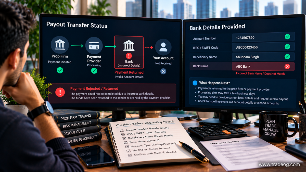 Trader reviewing a prop firm payout returned because of incorrect bank details