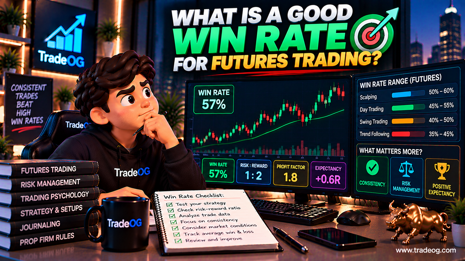 3D illustration explaining futures trading win rate, risk reward ratio, expectancy and consistency