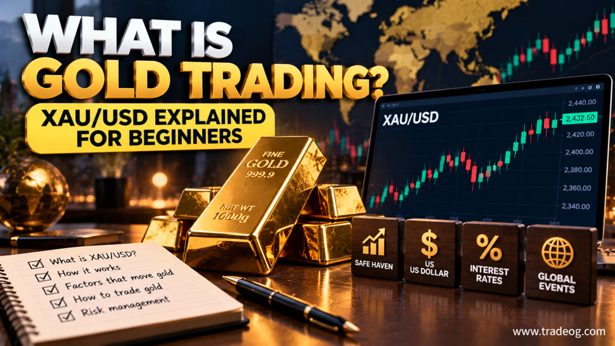 What is gold trading and XAU/USD explained for beginners with gold bars and a gold price chart
