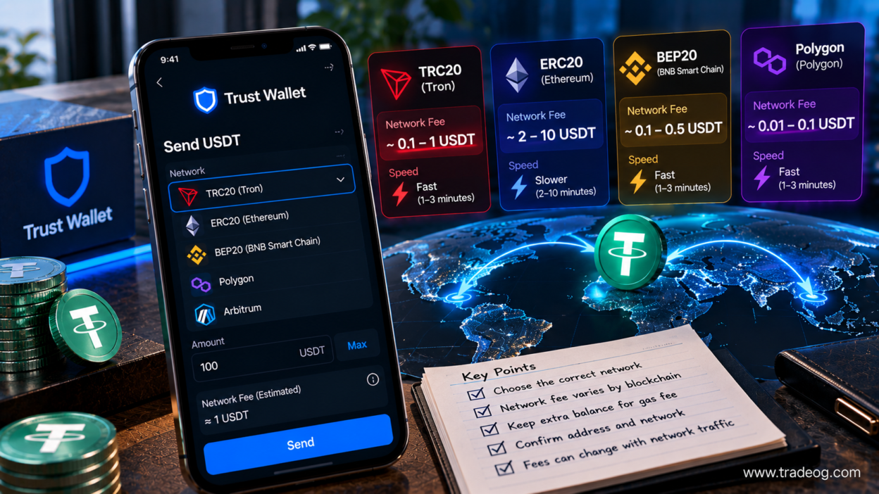 Trust Wallet USDT transfer showing network fee and blockchain network options