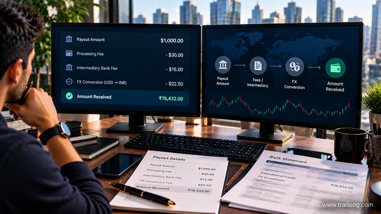 Trader reviewing why the amount received from a payout differs after fees and currency conversion
