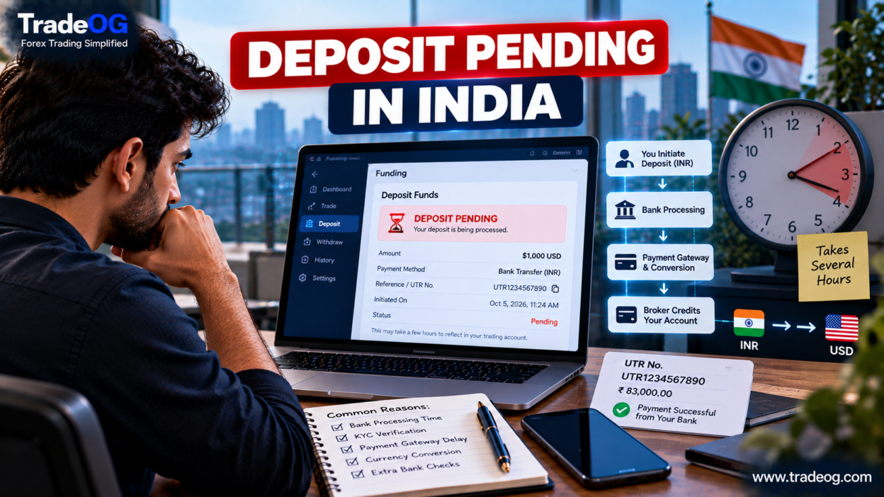 Indian trader checking a pending forex deposit with bank processing, UTR and payment gateway delays