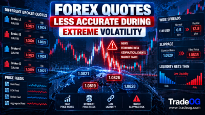 Forex quotes during extreme volatility showing different broker feeds, wider spreads, thin liquidity and slippage
