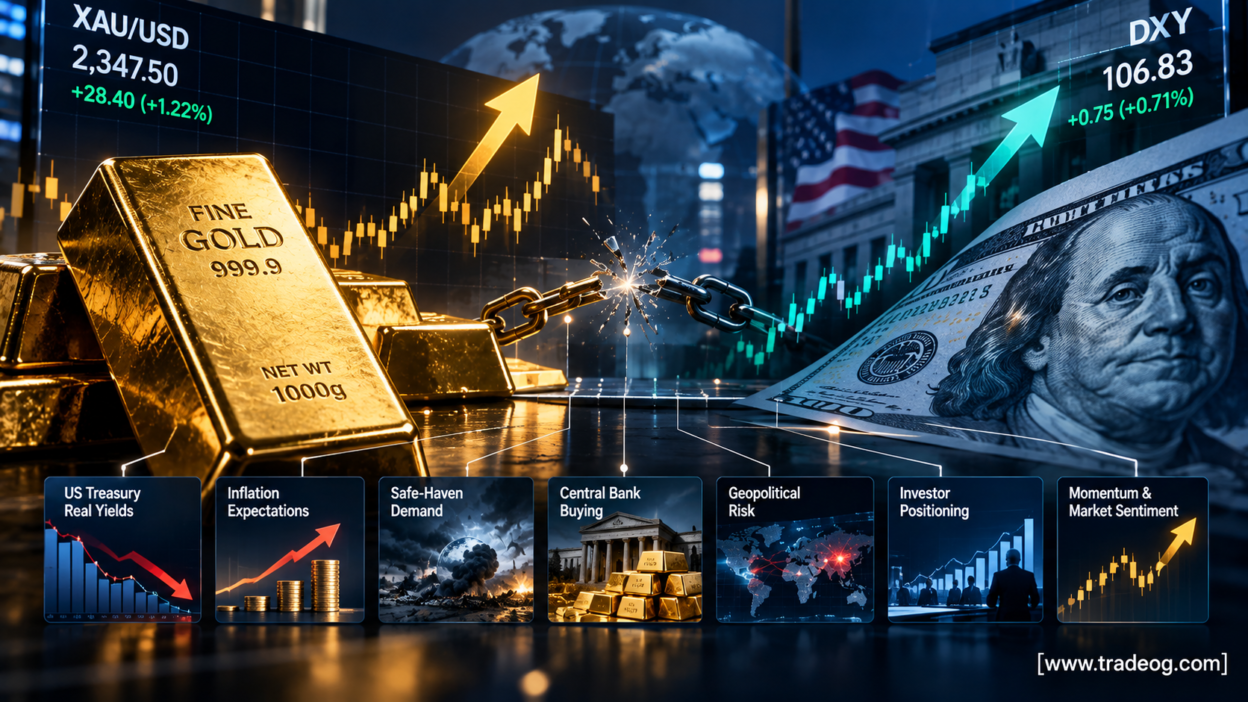 Gold and XAU/USD rising while the US dollar index strengthens, showing other forces that can drive gold prices
