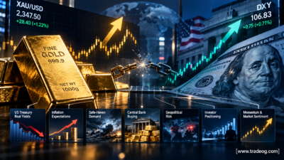 Gold and XAU/USD rising while the US dollar index strengthens, showing other forces that can drive gold prices