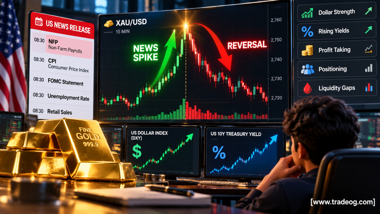 XAU/USD gold price reversing after an initially strong US news move due to dollar strength yields positioning and profit taking