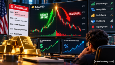 XAU/USD gold price reversing after an initially strong US news move due to dollar strength yields positioning and profit taking