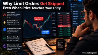 Forex trader reviewing a candlestick chart where price touches a limit entry but the order remains unfilled