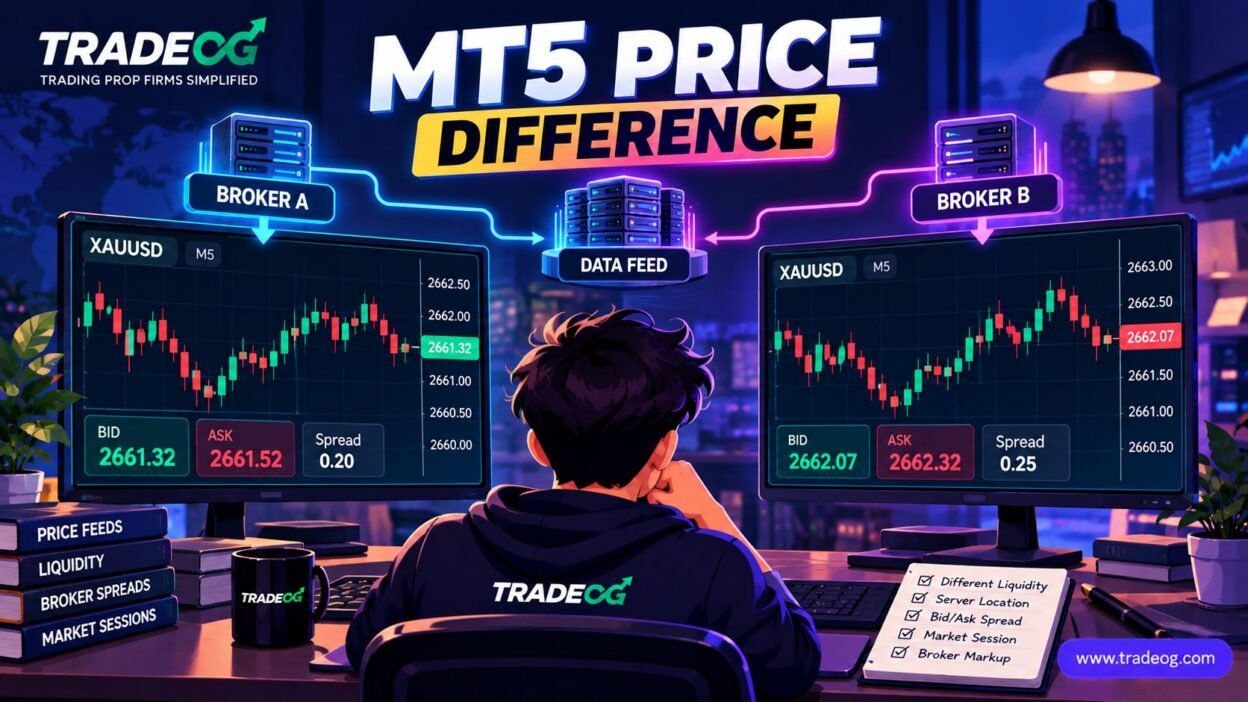MT5 XAUUSD charts from two brokers showing different bid ask prices and spreads