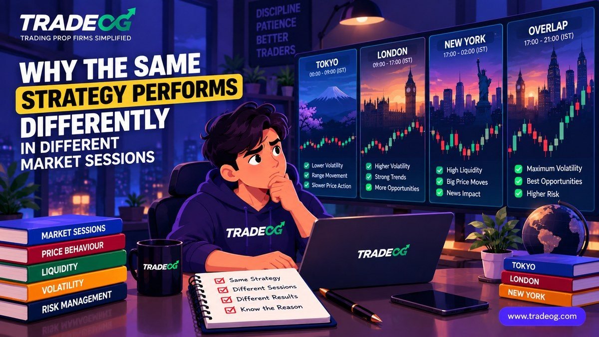 Purple and blue trading illustration showing the same strategy behaving differently across global market sessions