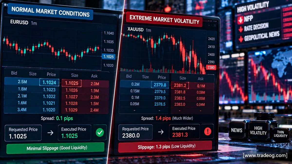 Comparison of normal market conditions and extreme volatility showing wider spreads and increased trading slippage