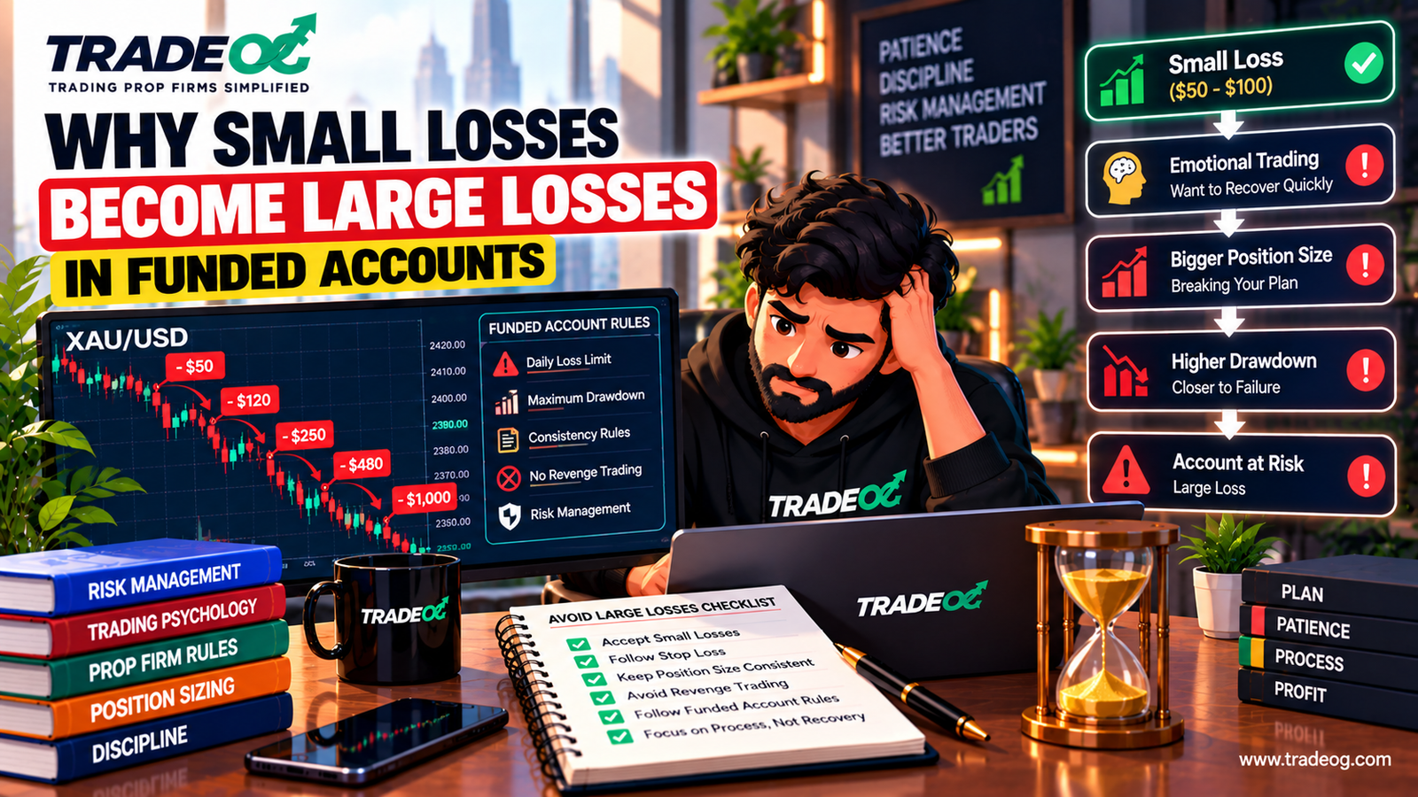 Why small losses become large losses in funded accounts showing drawdown, position sizing and trading risk