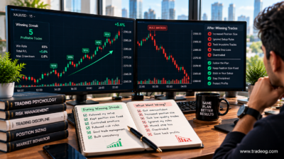 Realistic trading workspace showing a winning streak followed by rule breaking and overconfidence