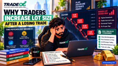 Why traders increase lot size after a losing trade showing revenge trading, rising lot size and prop firm risk