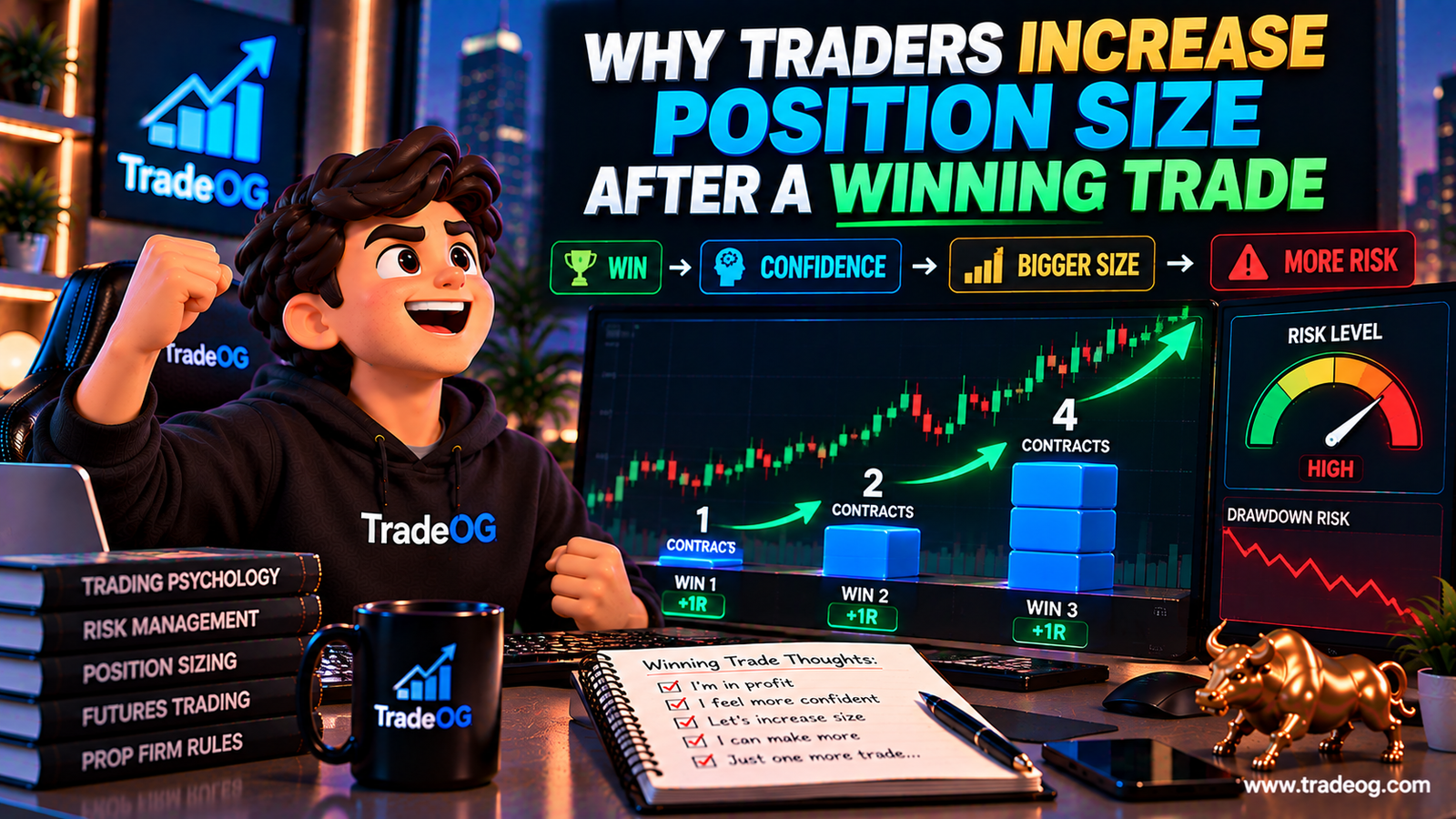 3D illustration showing a futures trader increasing position size after winning trades and taking more risk