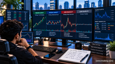 Forex trader comparing trading strategies across trending ranging high and low volatility markets