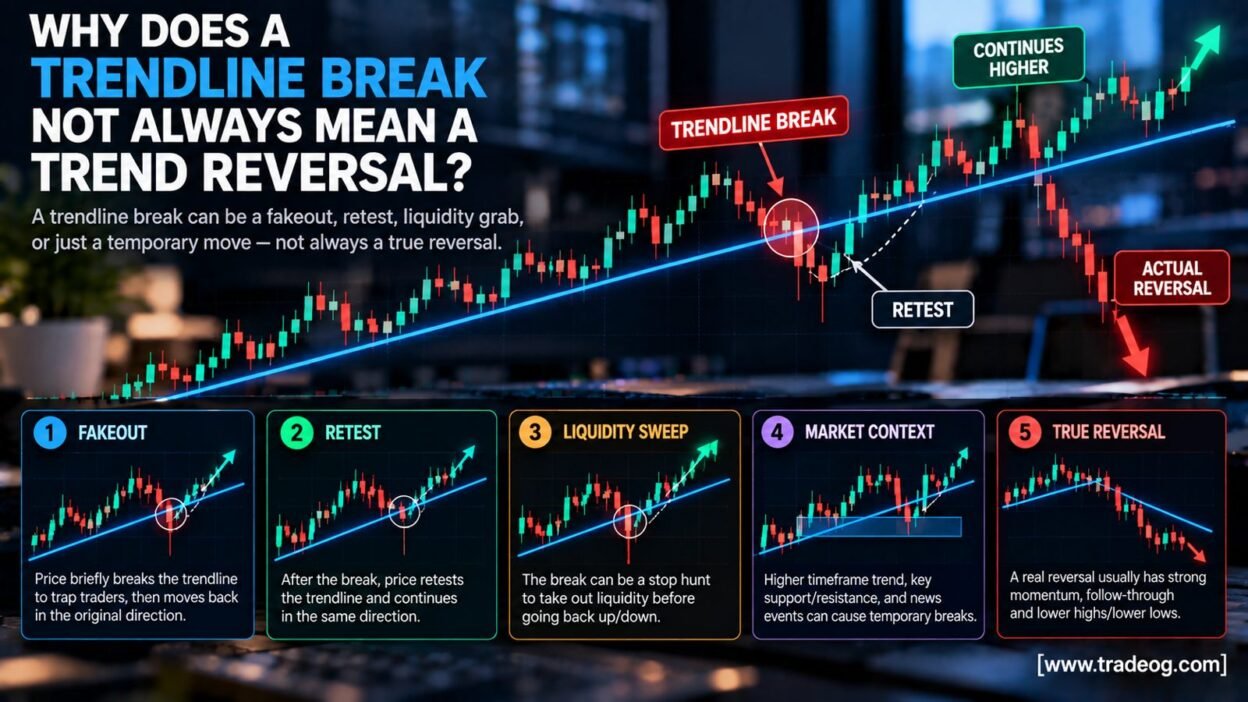 Trendline break showing fakeout, retest, liquidity sweep and actual trend reversal on a candlestick chart