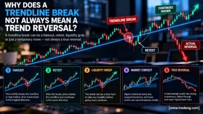 Trendline break showing fakeout, retest, liquidity sweep and actual trend reversal on a candlestick chart