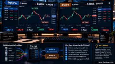 Two forex brokers showing different EUR/USD highs, lows, bid ask prices and price feeds