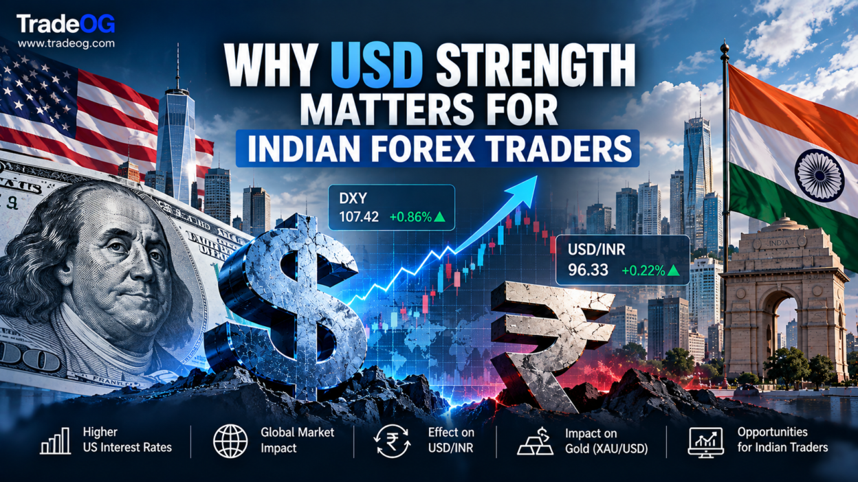Blue and red cinematic illustration showing USD strength, DXY, USD/INR and India forex impact