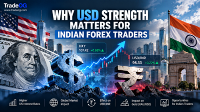 Blue and red cinematic illustration showing USD strength, DXY, USD/INR and India forex impact