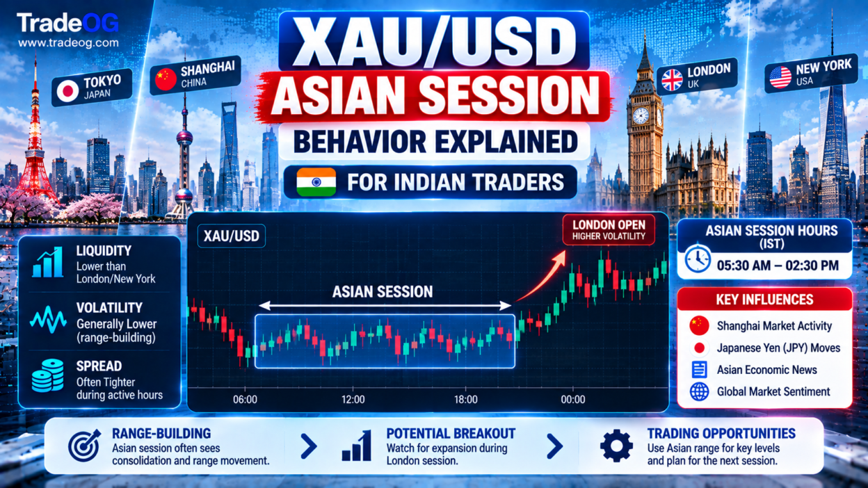 XAU/USD Asian session behavior showing Tokyo and Shanghai activity, Asian range and London breakout