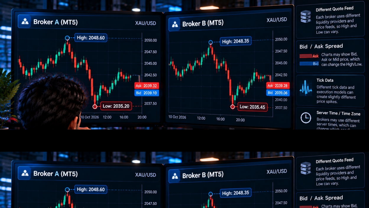 XAU/USD high and low comparison between two MT5 brokers showing different price feeds, bid ask spreads, tick data and server times