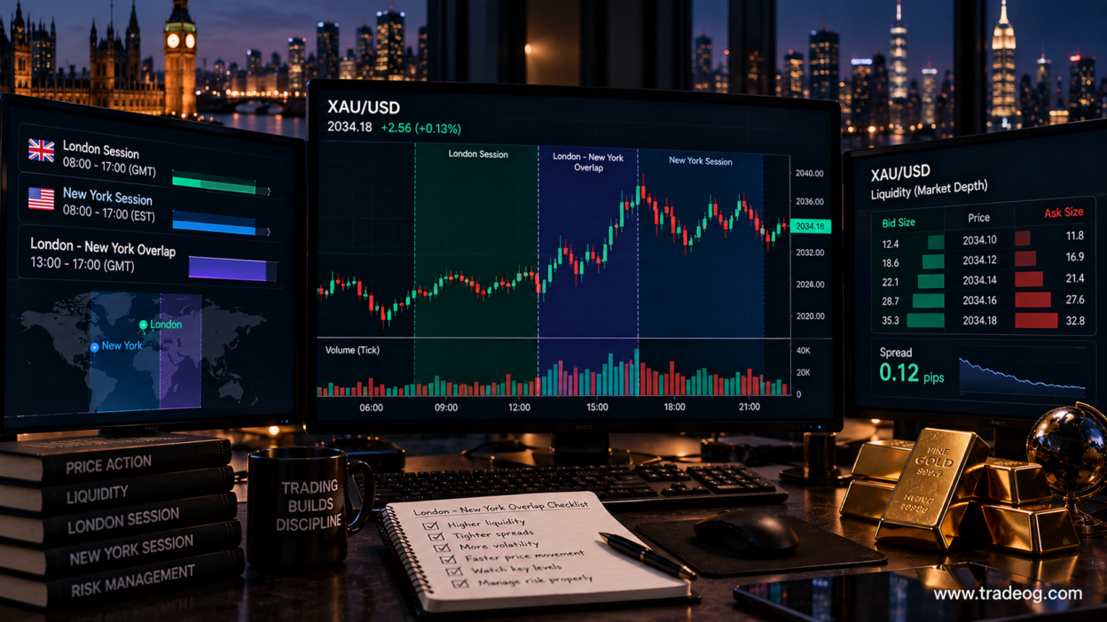 XAU/USD liquidity and trading volume during the London-New York overlap on a realistic trading desk