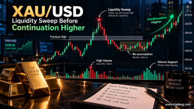 XAU/USD liquidity sweep above a previous high before bullish continuation on a trading chart