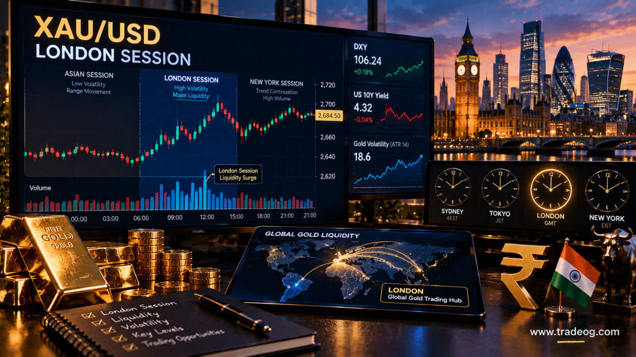 XAU/USD London session behavior showing liquidity, volatility, Asian and New York session overlap, DXY and US yields