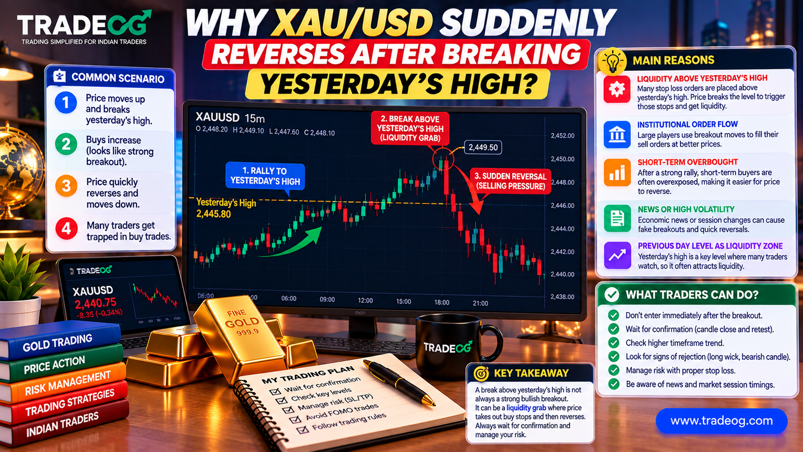 TradeOG infographic explaining why XAU/USD reverses after breaking yesterday's high