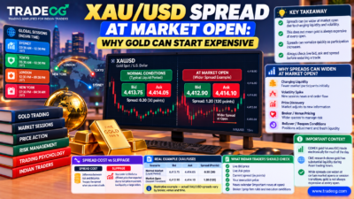 3D TradeOG infographic explaining why XAU/USD spreads can widen around market open with gold trading examples