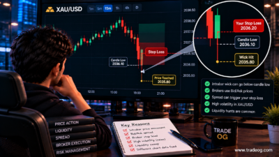 XAU/USD trader seeing a stop loss triggered by bid ask spread and intrabar price movement even when the visible candle low appears untouched