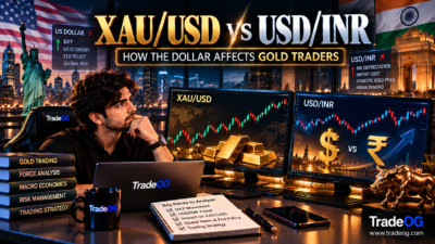 Premium cinematic illustration comparing XAU/USD and USD/INR and showing how the US dollar affects gold traders in India